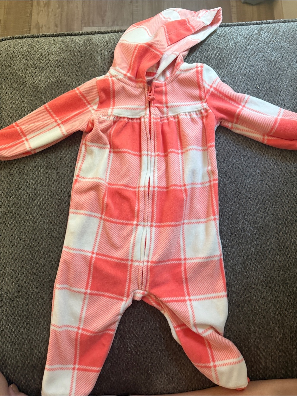 Carter's Coral and White Plaid Hooded Fleece Footed One-Piece